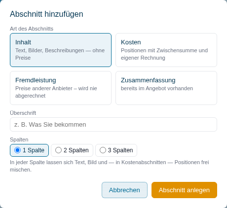 Dialog zum Hinzuf&uuml;gen eines Abschnitts mit den vier Arten