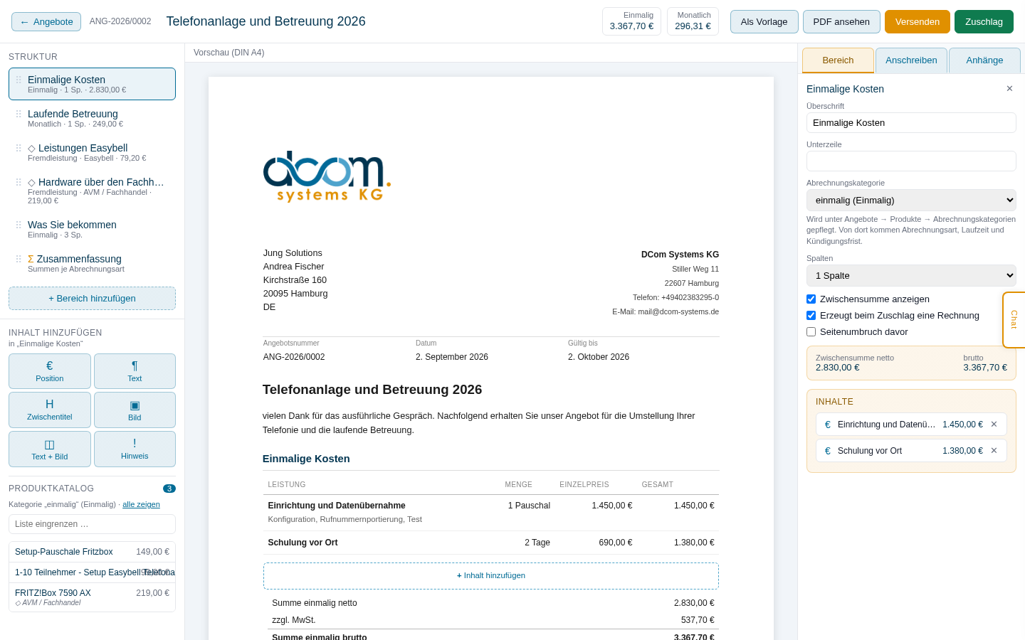 Angebotseditor mit Struktur, Vorschau und Eigenschaften