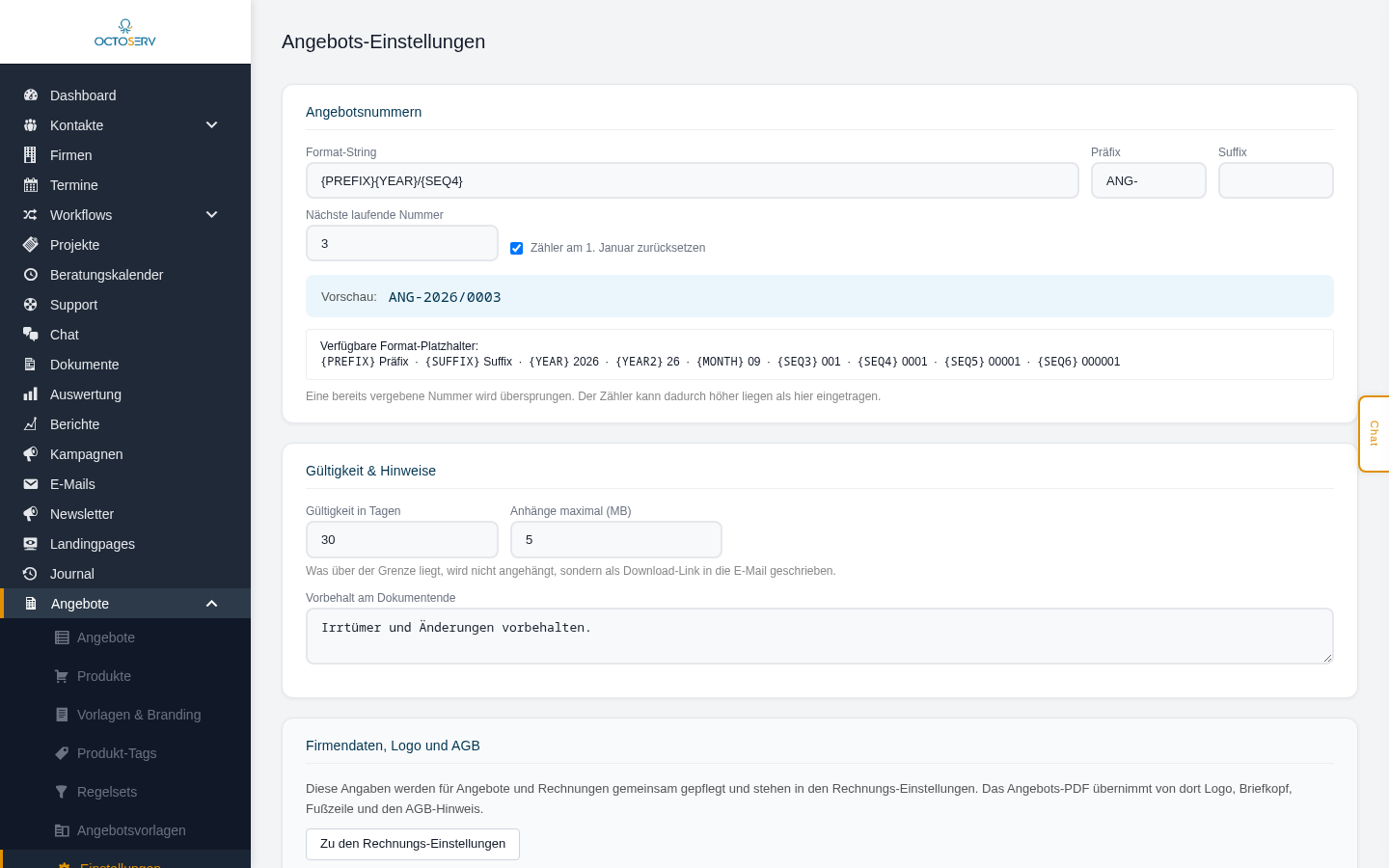 Angebots-Einstellungen mit Nummernkreis