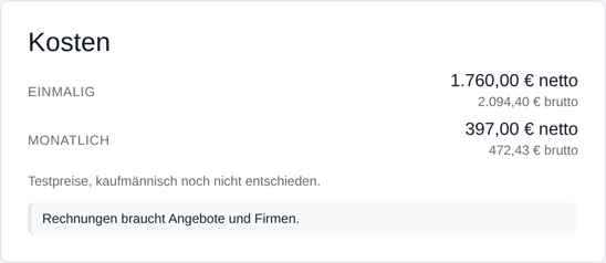 Kostenkarte mit dem Hinweis Rechnungen braucht Angebote und Firmen