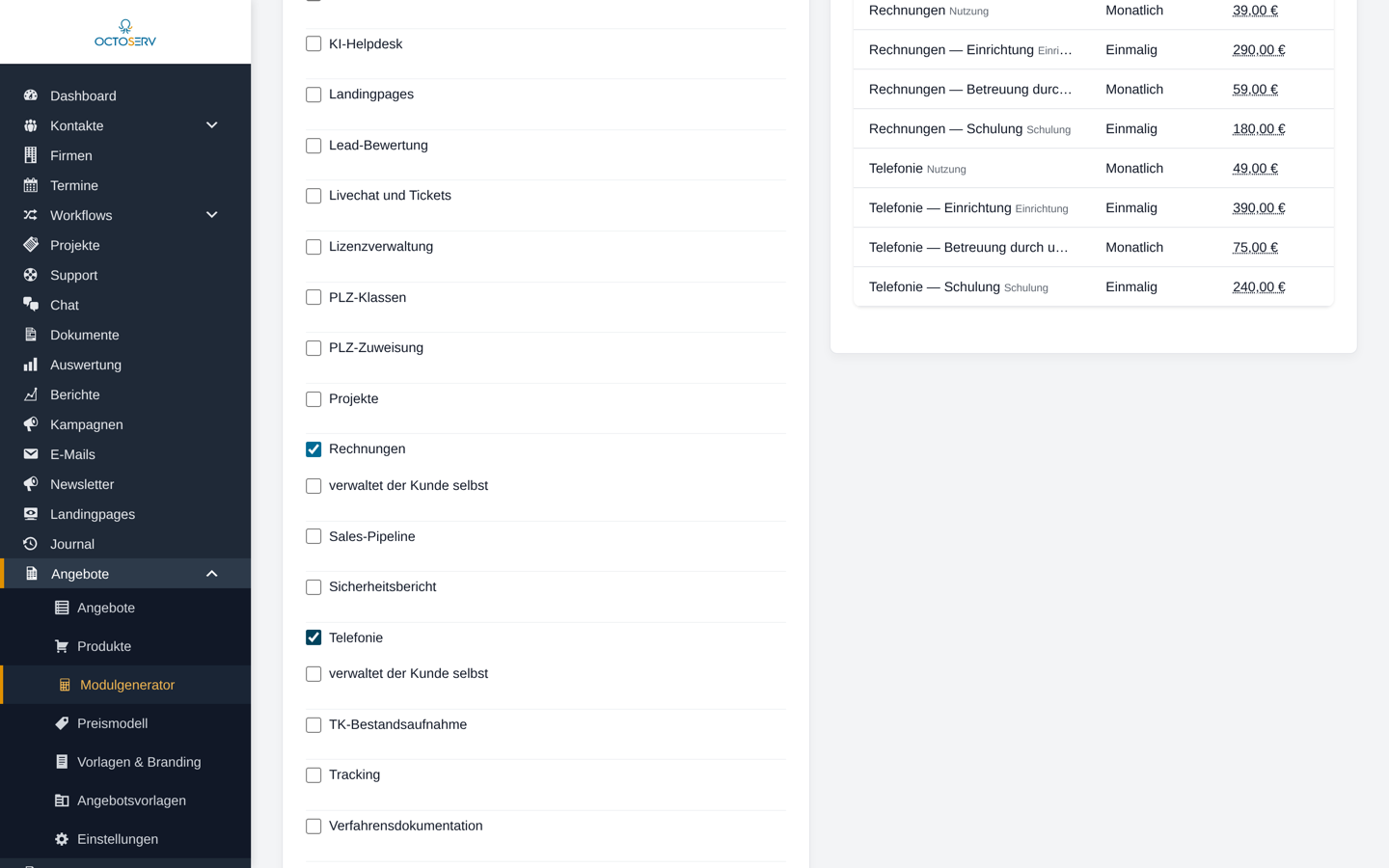 Modulgenerator mit Stufenwahl, Modulliste, Kosten und Positionen