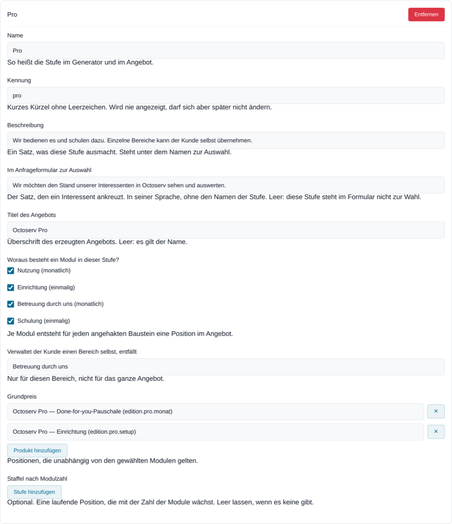 Eine Stufe im Preismodell mit allen Feldern