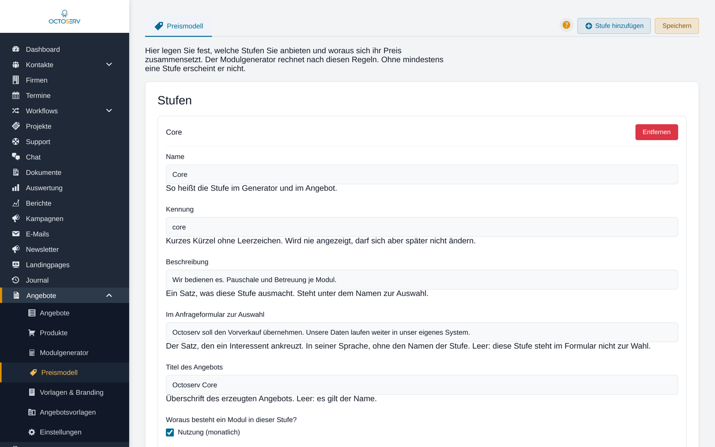 Preismodell mit den Karten Stufen, Voraussetzungen und Bedarf