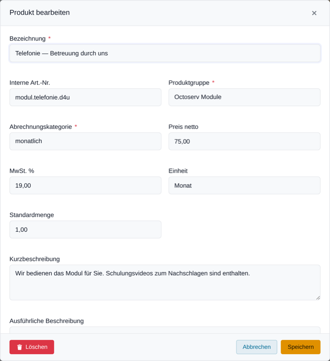 Produkt bearbeiten mit dem Feld Interne Art.-Nr.
