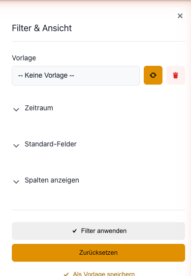 Panel mit den Abschnitten Vorlage, Zeitraum, Standard-Felder und Spalten anzeigen