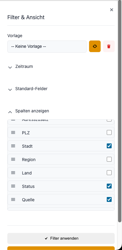 Abschnitt Spalten anzeigen mit Checkboxen und Griffen zum Verschieben
