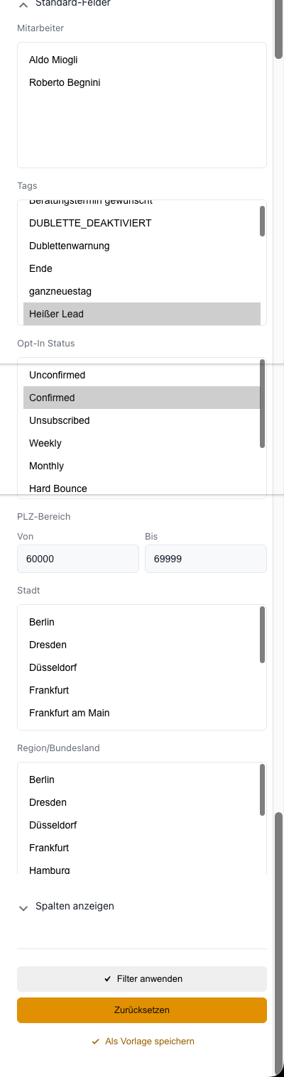 Abschnitt Standard-Felder mit Mitarbeiter, Tags, Opt-In Status, PLZ-Bereich, Stadt und Region