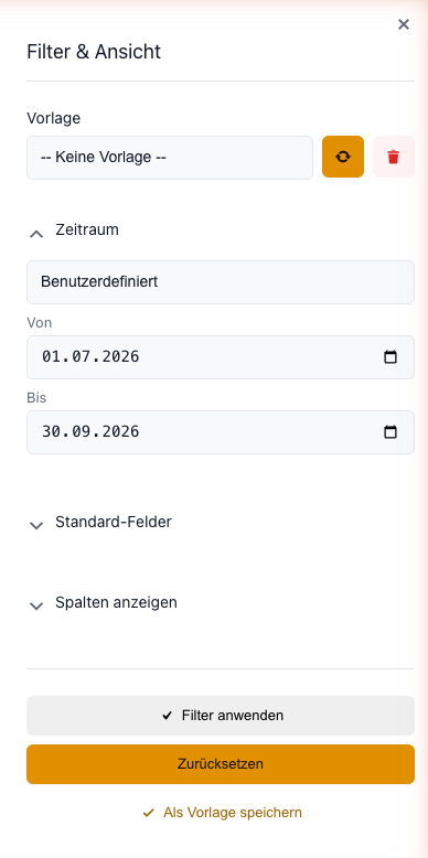 Abschnitt Zeitraum mit der Auswahl Benutzerdefiniert und den Feldern Von und Bis