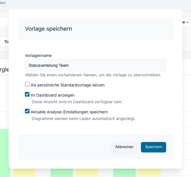 Dialog Vorlage speichern mit Namen und drei Optionen