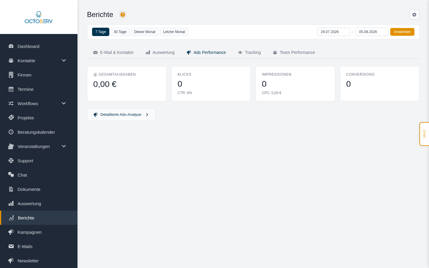 Tab Ads Performance mit Werbe-KPIs
