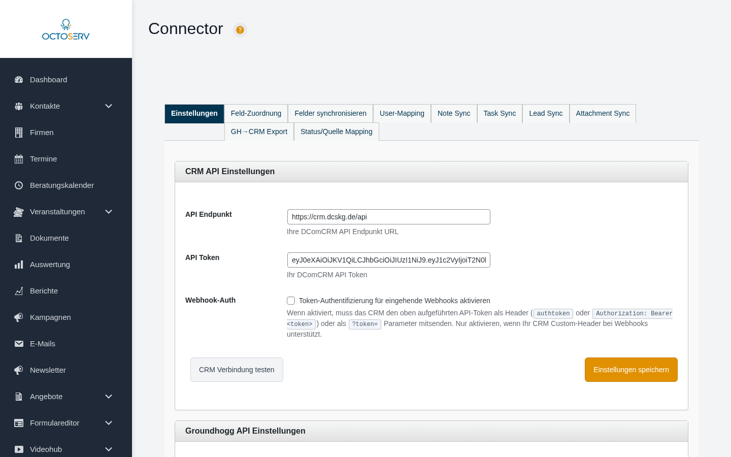 Connector-Ansicht mit CRM API Einstellungen
