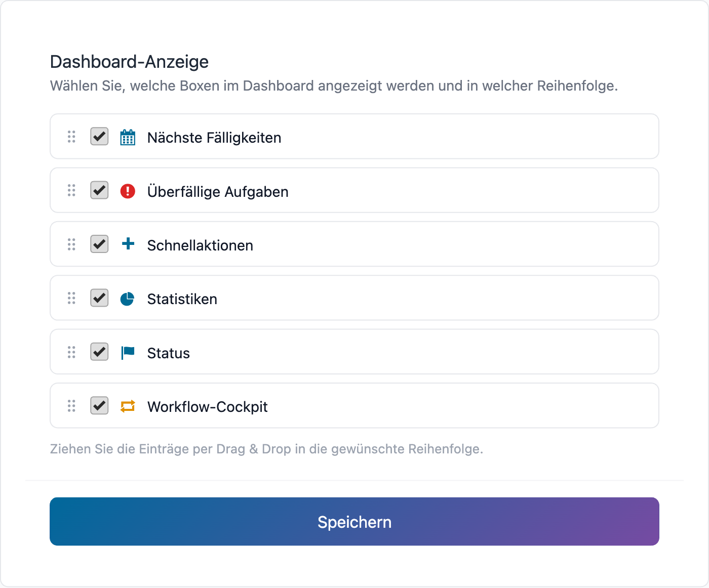 Dashboard-Widget-Konfiguration im Profil