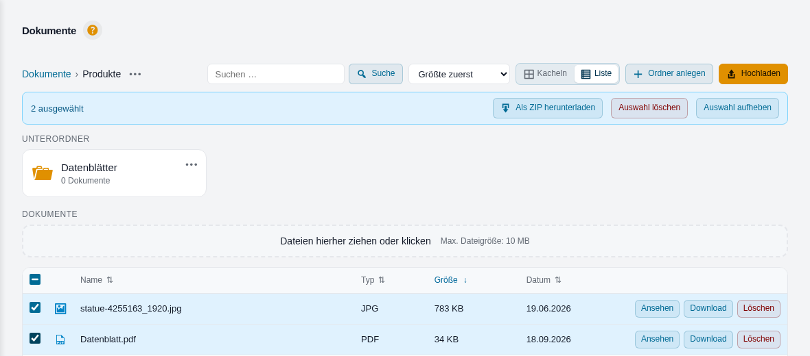 Zwei Dokumente ausgew&auml;hlt, dar&uuml;ber die Auswahlleiste mit ZIP-Download