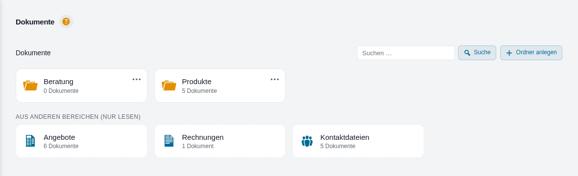&Uuml;bersicht: Ordner-Kacheln mit Dokumentanzahl, darunter Angebote, Rechnungen und Kontaktdateien