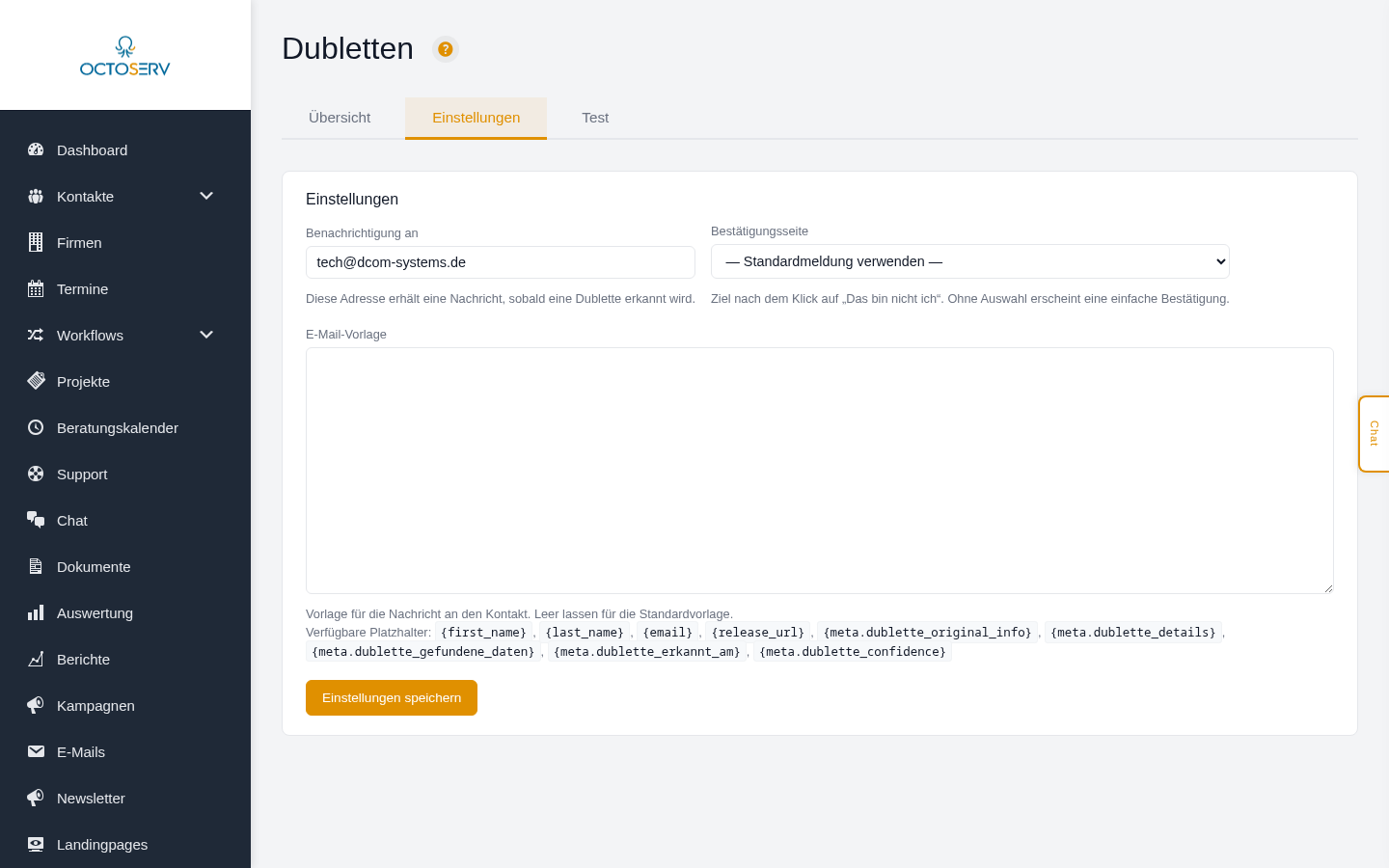 Einstellungen mit Benachrichtigungsadresse, Best&auml;tigungsseite und E-Mail-Vorlage