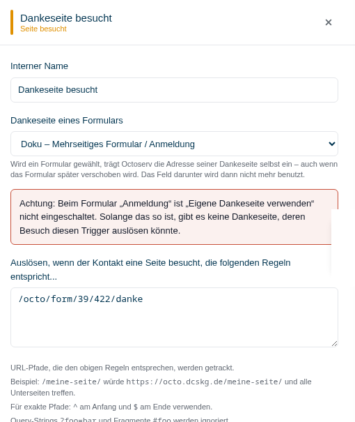 Hinweis im Trigger, dass beim gew&auml;hlten Formular die eigene Dankeseite nicht eingeschaltet ist