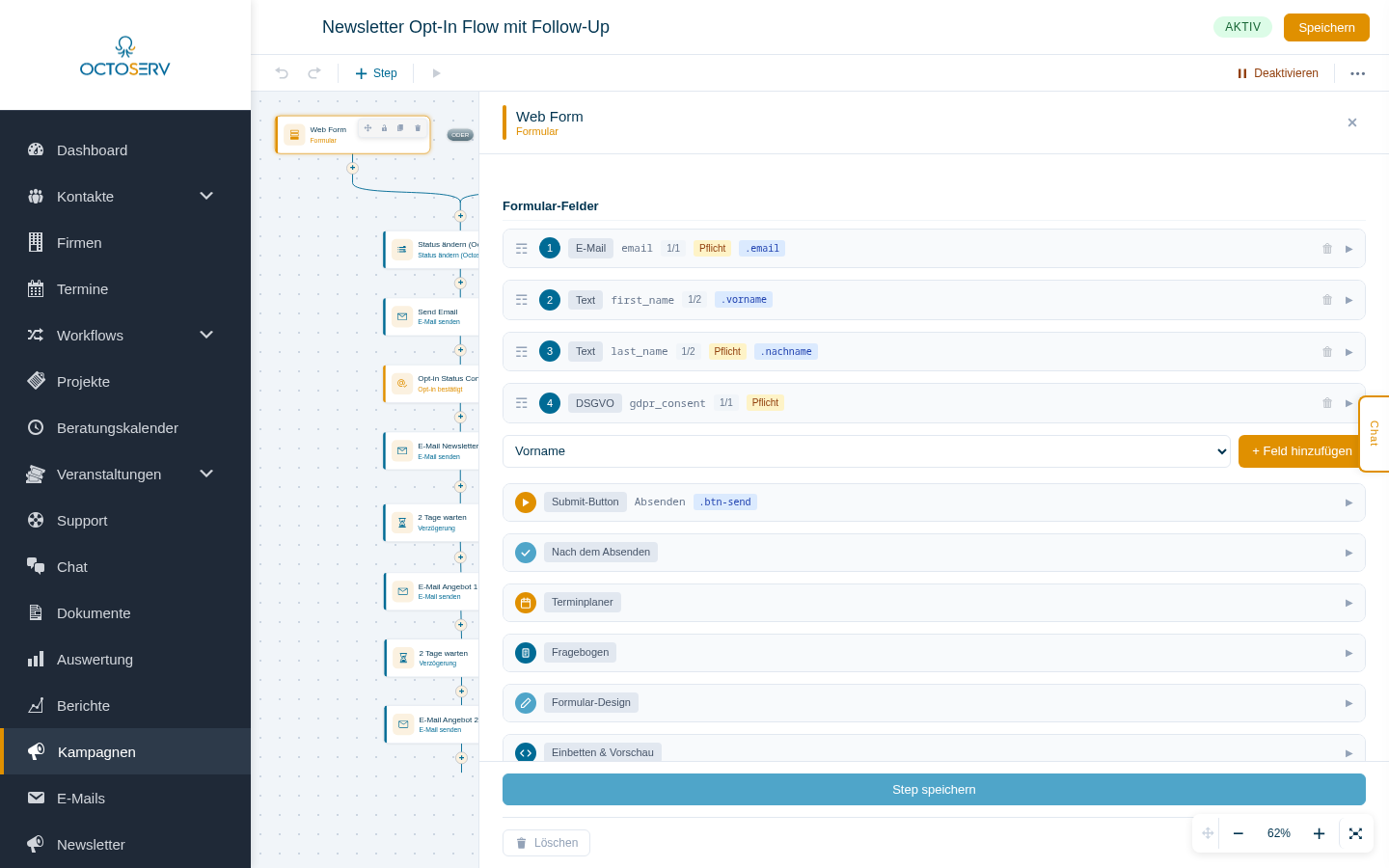 Formular-Baustein im Flow-Editor mit automatisch zugeordneten Standardfeldern (E-Mail, Vorname, Nachname)