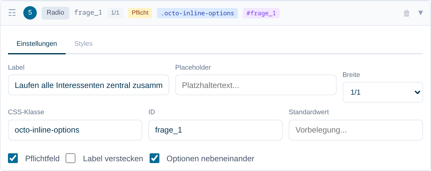 Feld-Einstellung Optionen nebeneinander