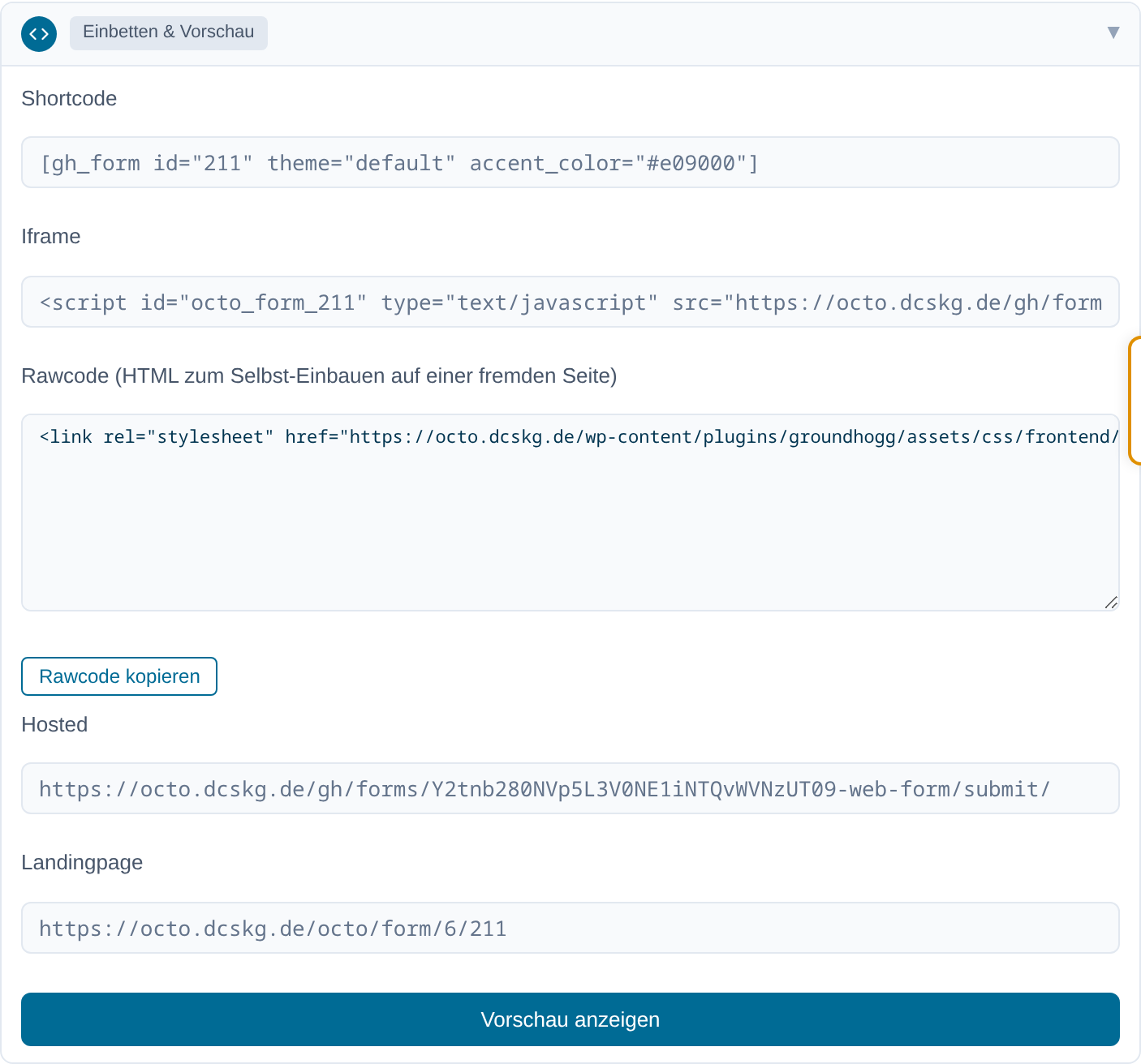 Einbetten und Vorschau mit Rawcode