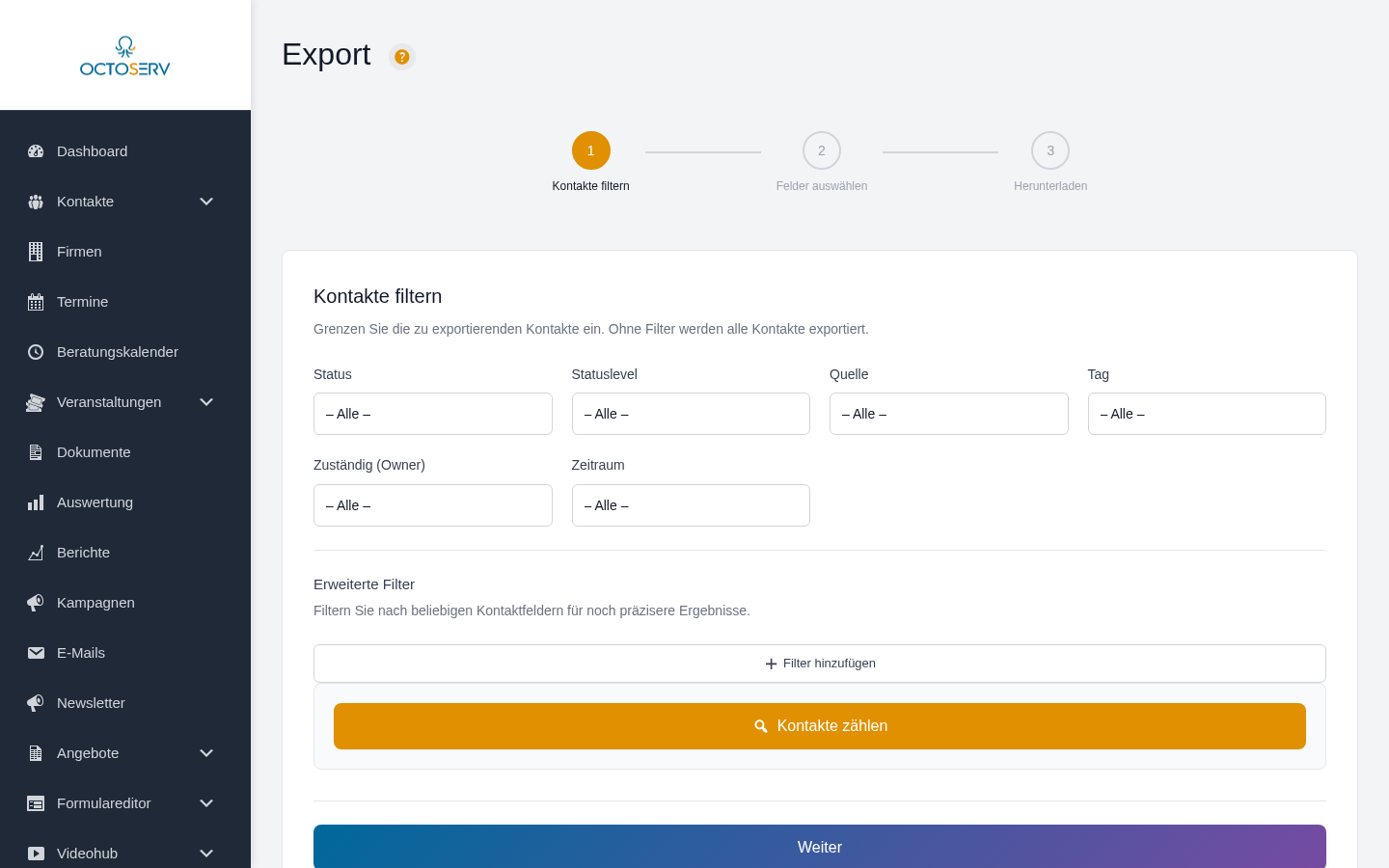 Export-Wizard – Übersicht mit den 3 Schritten