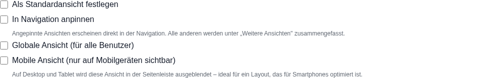 Die vier Optionen Standardansicht, Anpinnen, Globale Ansicht und Mobile Ansicht
