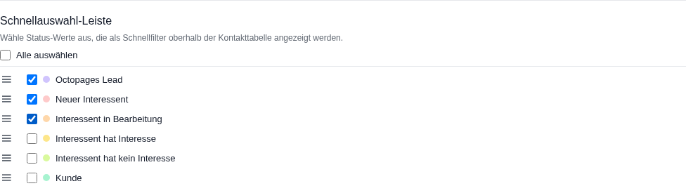 Abschnitt Schnellauswahl-Leiste mit den Status-Werten und farbigen Punkten