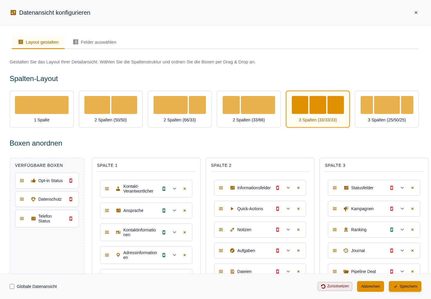 Dialog Datenansicht konfigurieren, Reiter Layout gestalten mit den sechs Spalten-Layouts