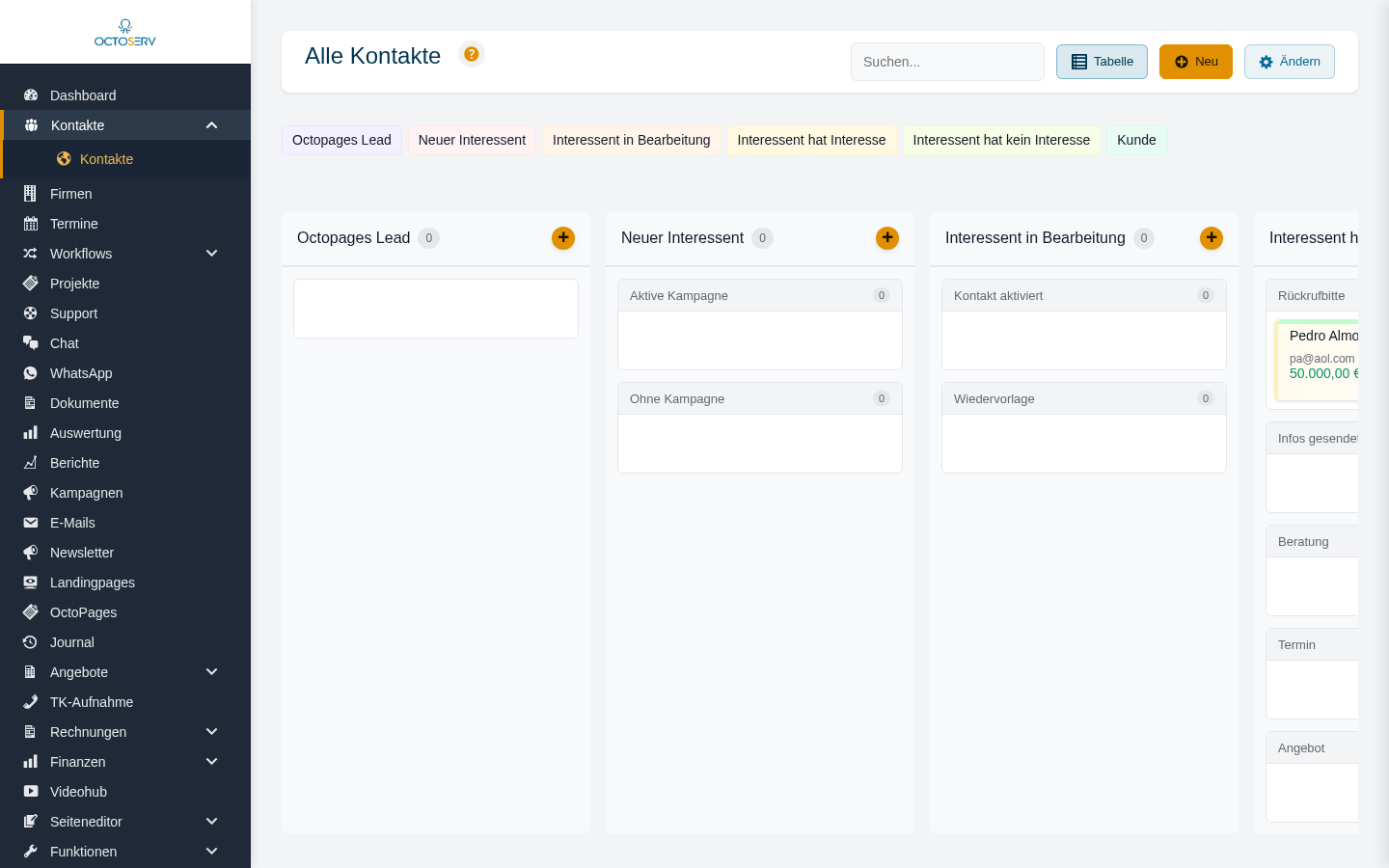 Kontakte als Kanban-Board mit einer Spalte je Status