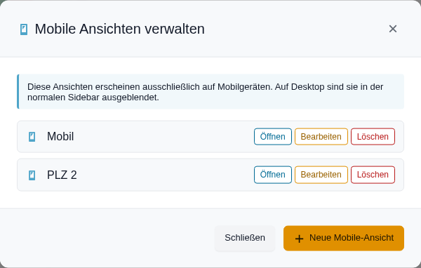 Dialog Mobile Ansichten verwalten mit zwei Ansichten und dem Knopf Neue Mobile-Ansicht