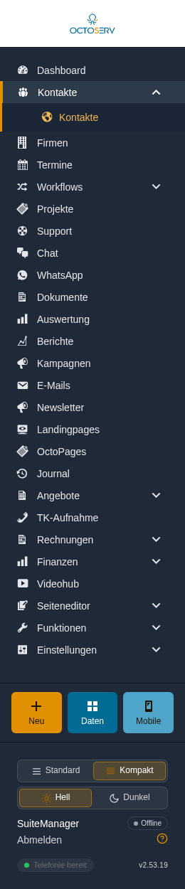 Seitenleiste mit dem Untermen&uuml; Kontakte und den drei Kacheln Neu, Daten und Mobile