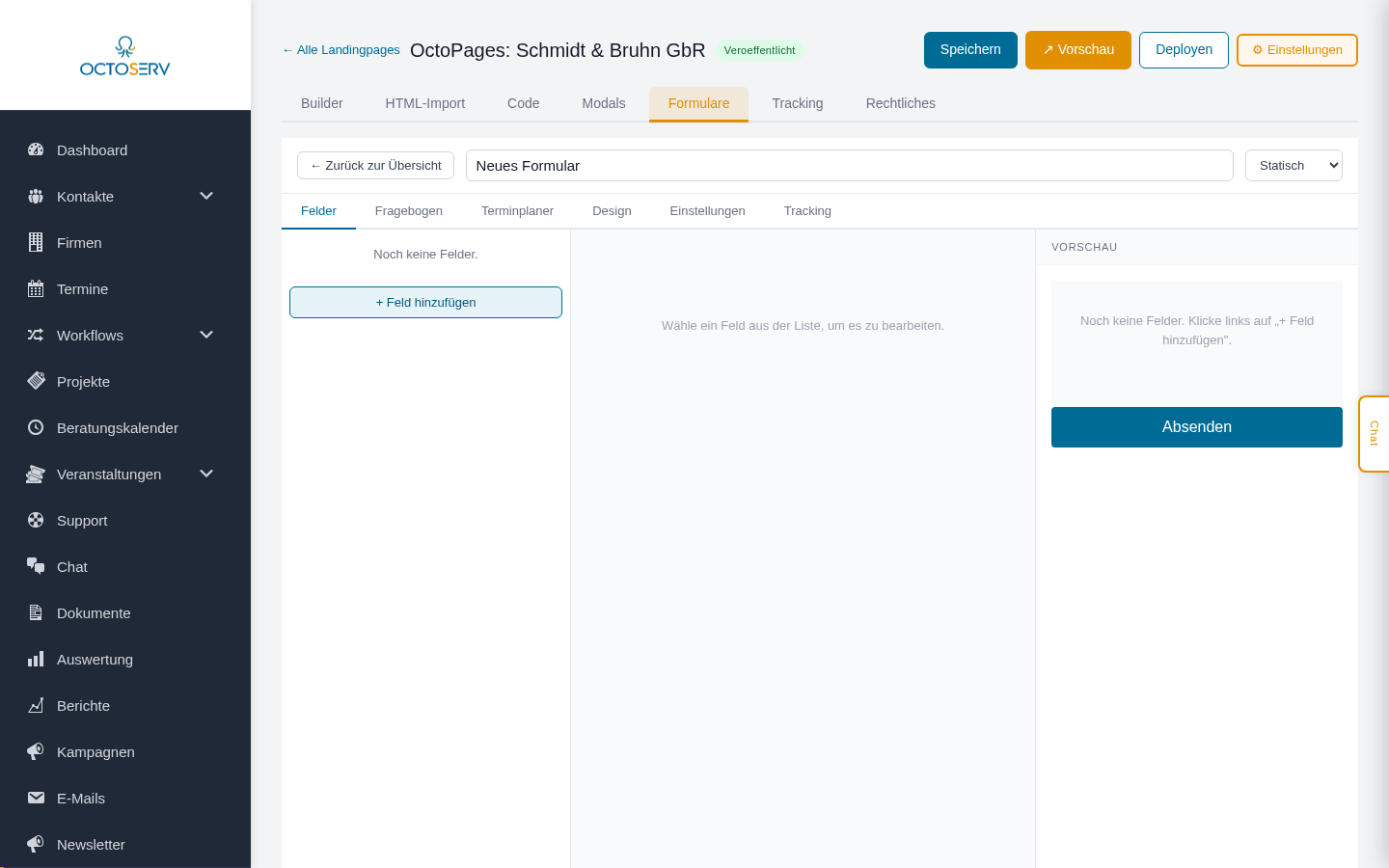 Landingpage-Formular-Builder mit den Bereichen Felder, Fragebogen, Terminplaner, Design, Einstellungen und Tracking