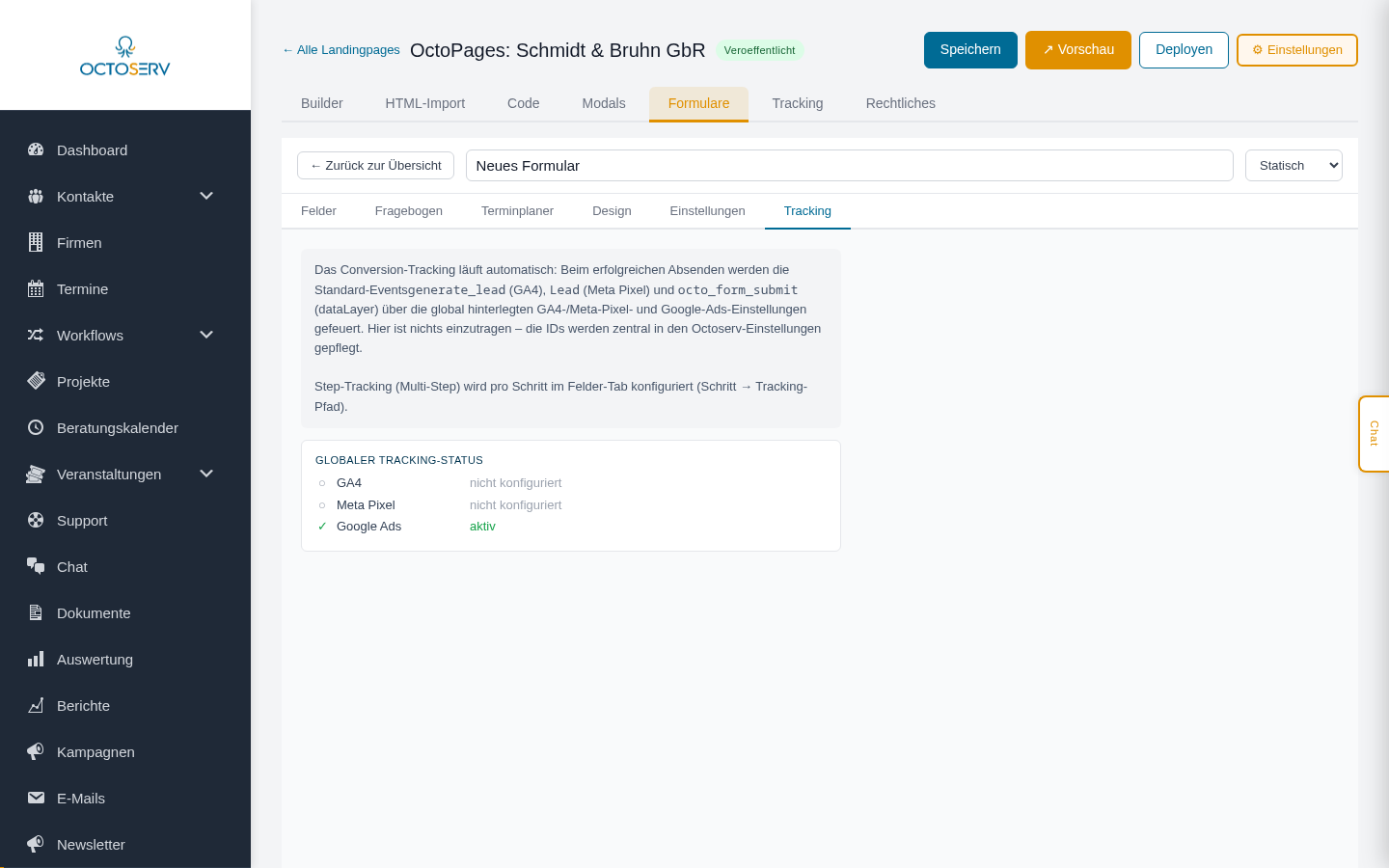 Tracking-Bereich des Formular-Builders mit globalem Tracking-Status