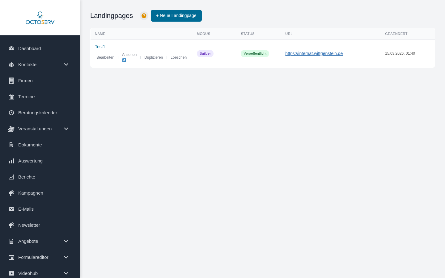 Übersicht aller Landingpages im Builder