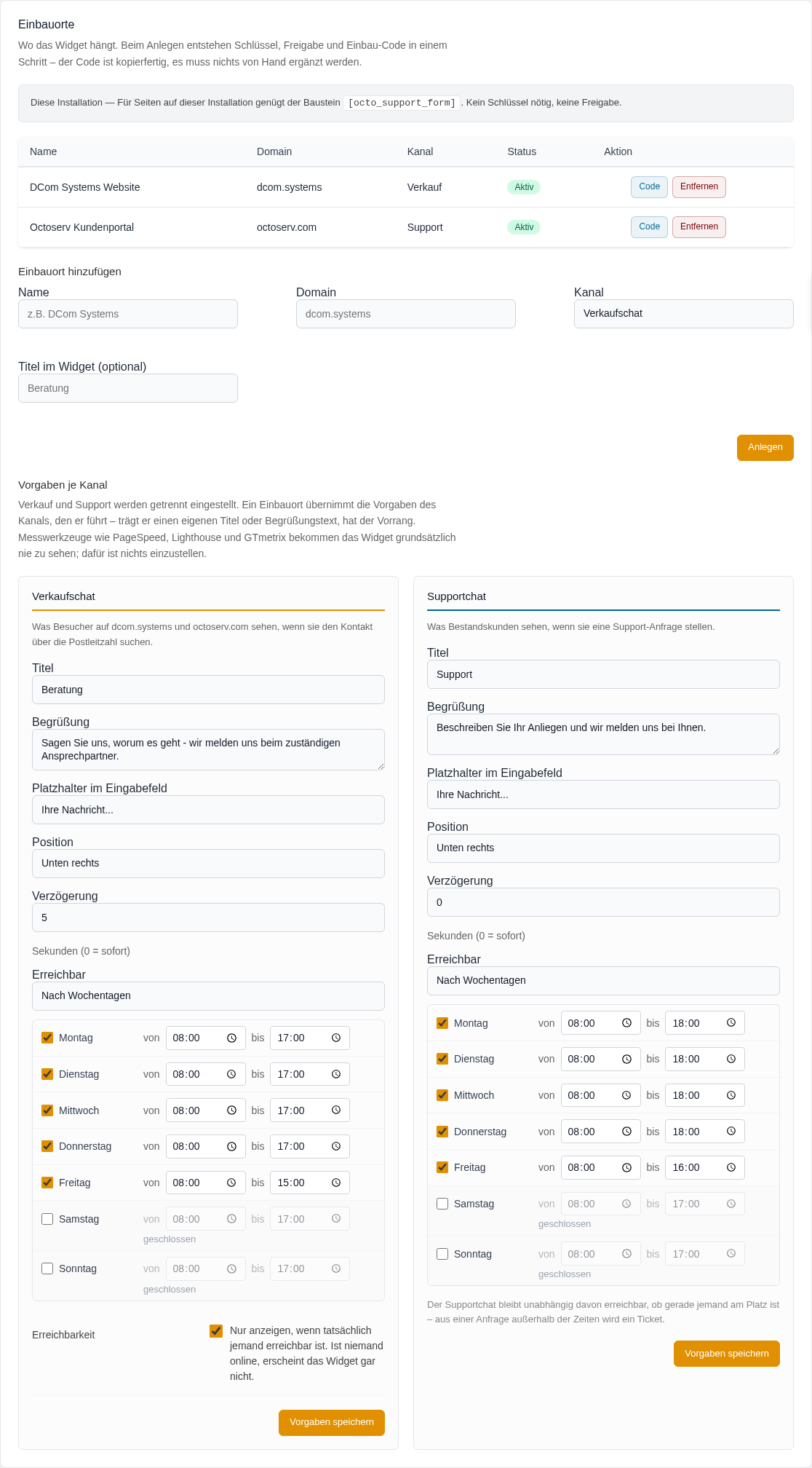 Karte Einbauorte mit Liste der Websites, Formular zum Hinzufuegen und den Vorgaben je Kanal