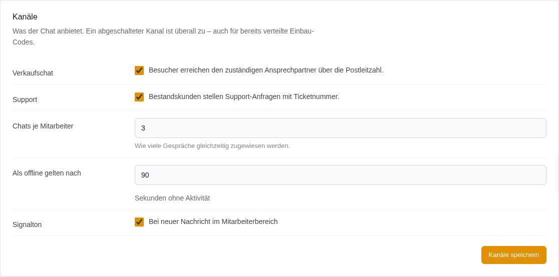 Karte Kanaele mit Schaltern fuer Verkaufschat und Support, Chats je Mitarbeiter, Offline-Zeit und Signalton