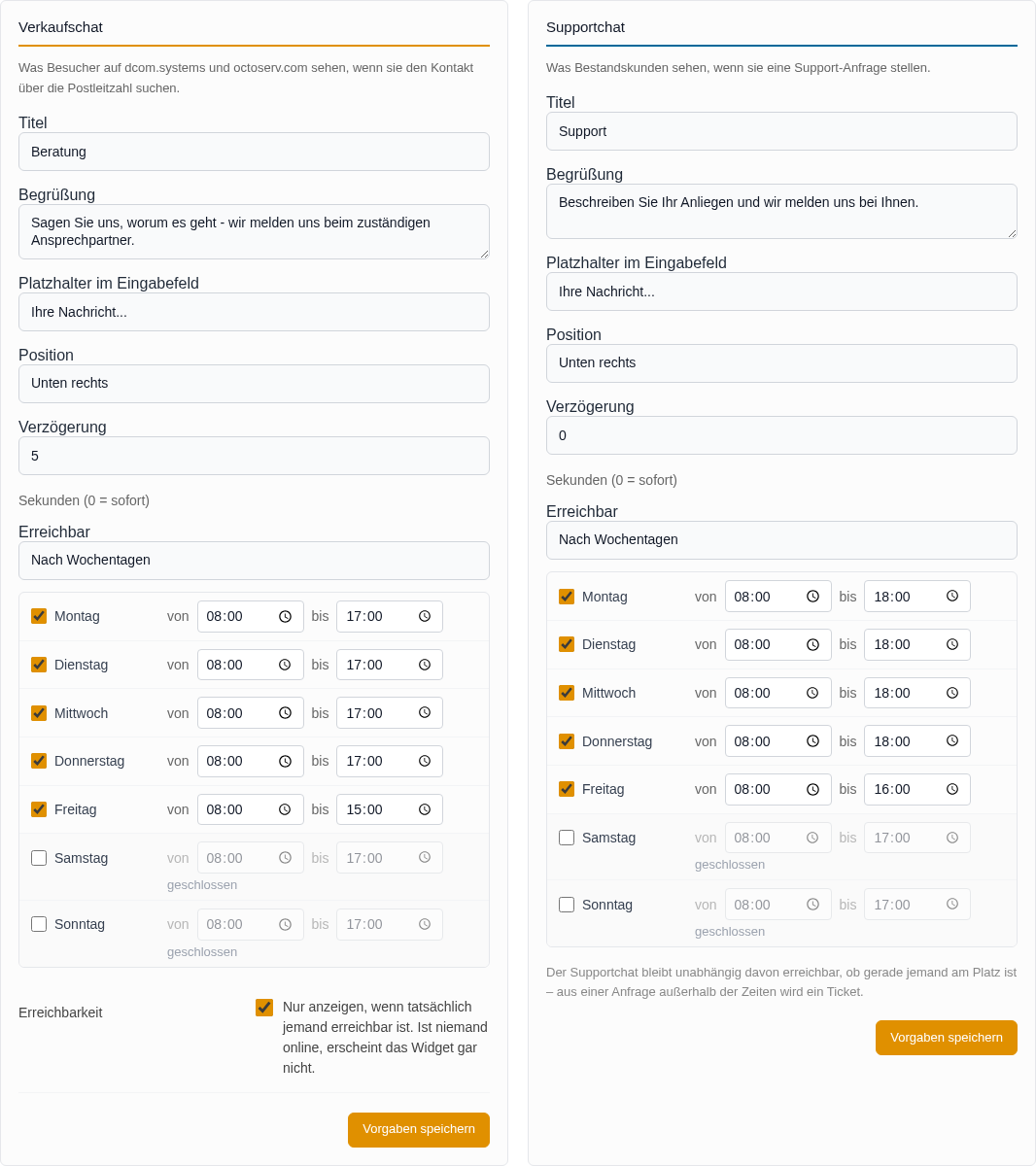 Vorgaben fuer Verkaufschat und Supportchat nebeneinander, mit Titel, Begruessung, Position, Verzoegerung und Zeiten je Wochentag