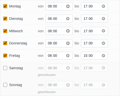 Wochenuebersicht mit Haekchen je Tag und Uhrzeiten von und bis, Samstag und Sonntag abgeschaltet