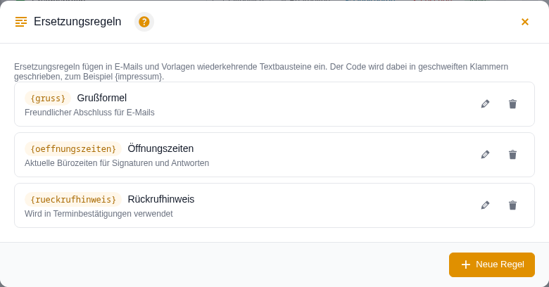 Uebersicht der Ersetzungsregeln mit Code, Bezeichnung und Beschreibung