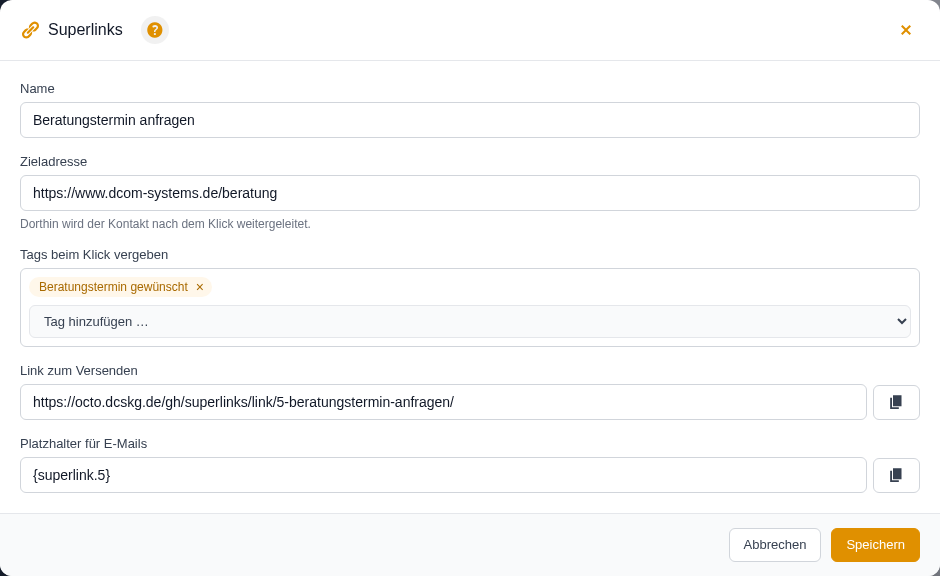 Formular eines Superlinks mit Zieladresse, Tags und Kopierfeldern