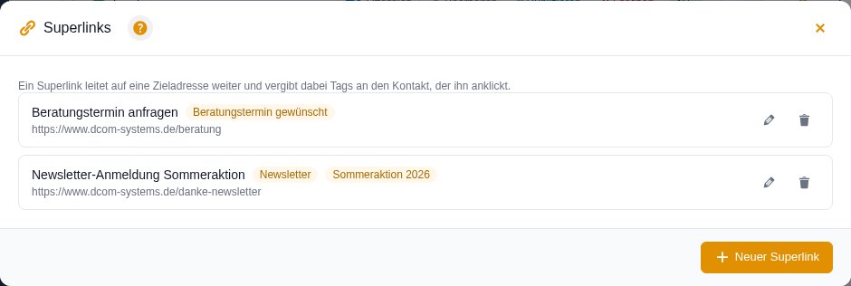 Uebersicht der Superlinks mit Zieladresse und vergebenen Tags