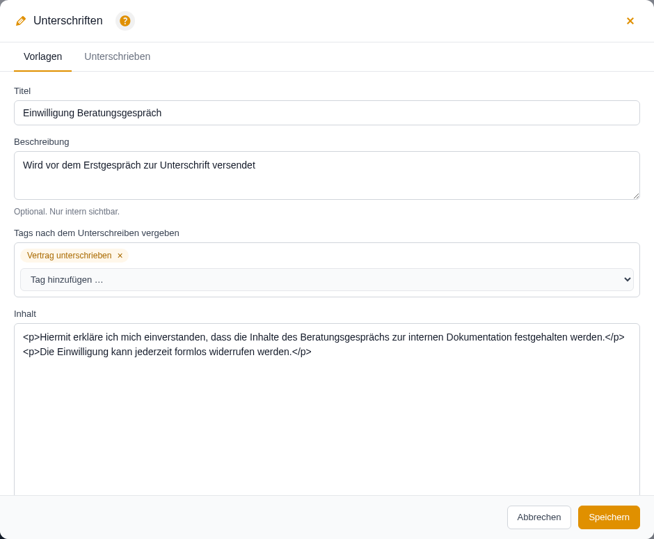 Formular einer Vertragsvorlage mit Titel, Tags und Inhalt