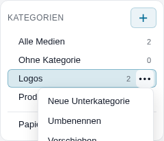 Das Men&uuml; an einer Kategorie: Unterkategorie anlegen, umbenennen, verschieben, l&ouml;schen.
