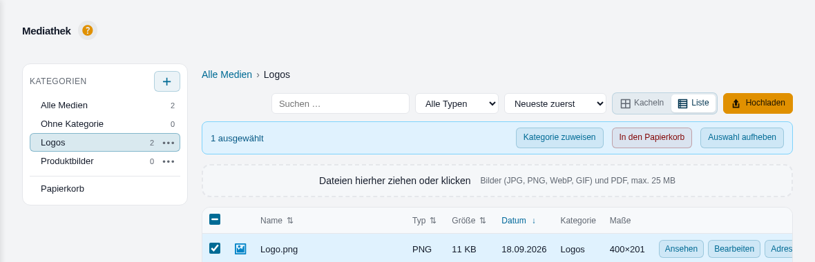 Die Listenansicht mit angehaktem Medium und der Auswahlleiste.