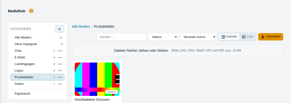 Videos einer Kategorie in der Mediathek: Vorschaubild, L&auml;nge, Sprung in den Videohub.