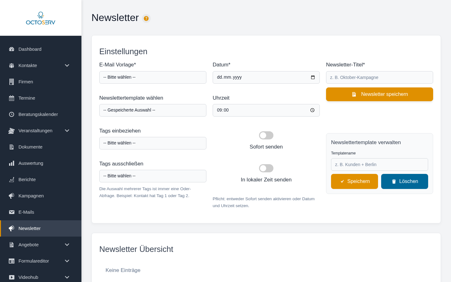 Newsletter-Seite mit Einstellungsbereich und Übersichtsliste