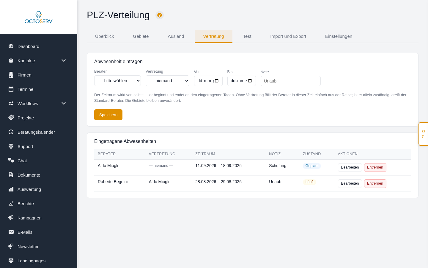 Reiter Vertretung mit Zeitraum, Vertreter und Zustand
