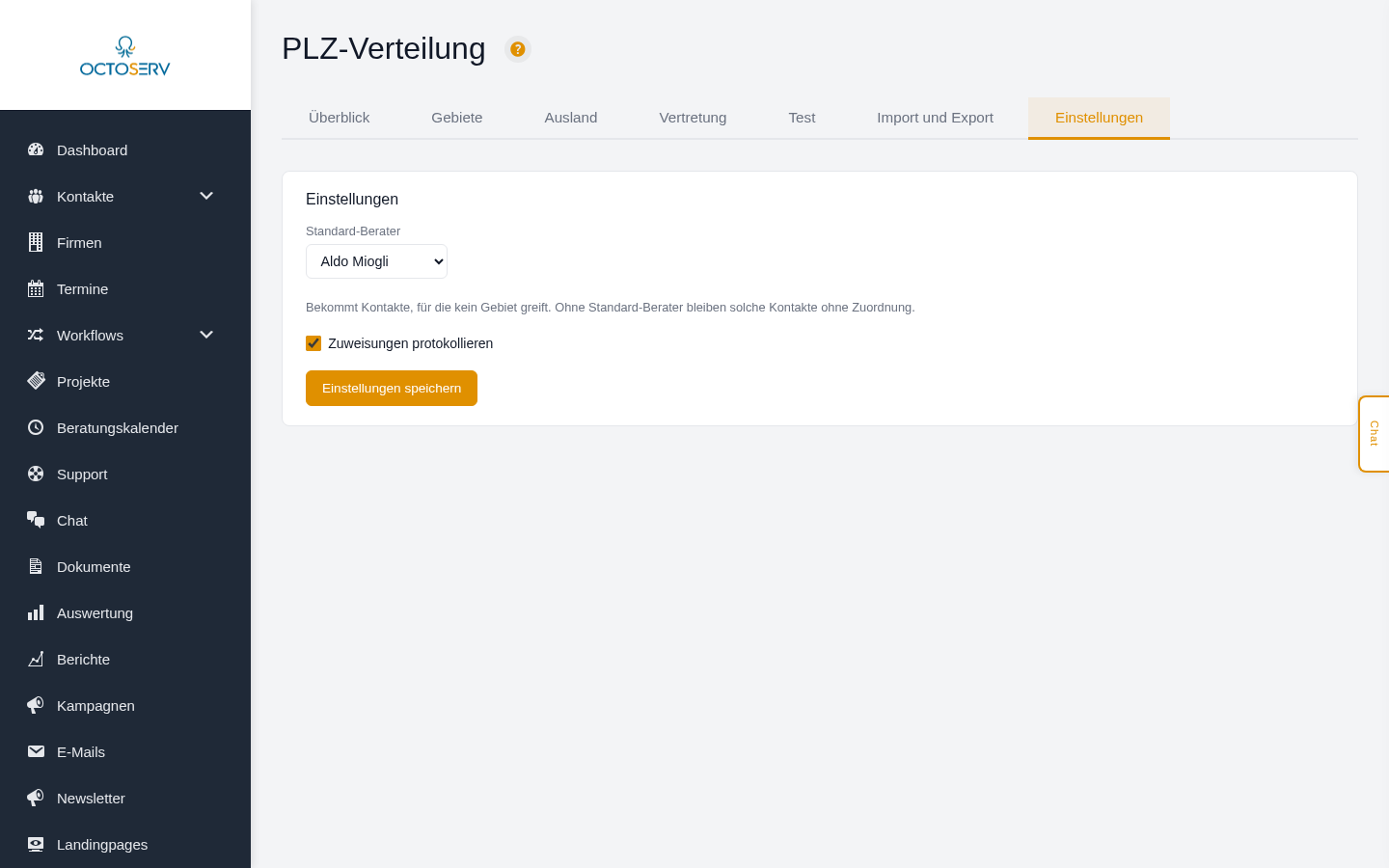 Reiter Einstellungen mit Standard-Berater und Protokollierung