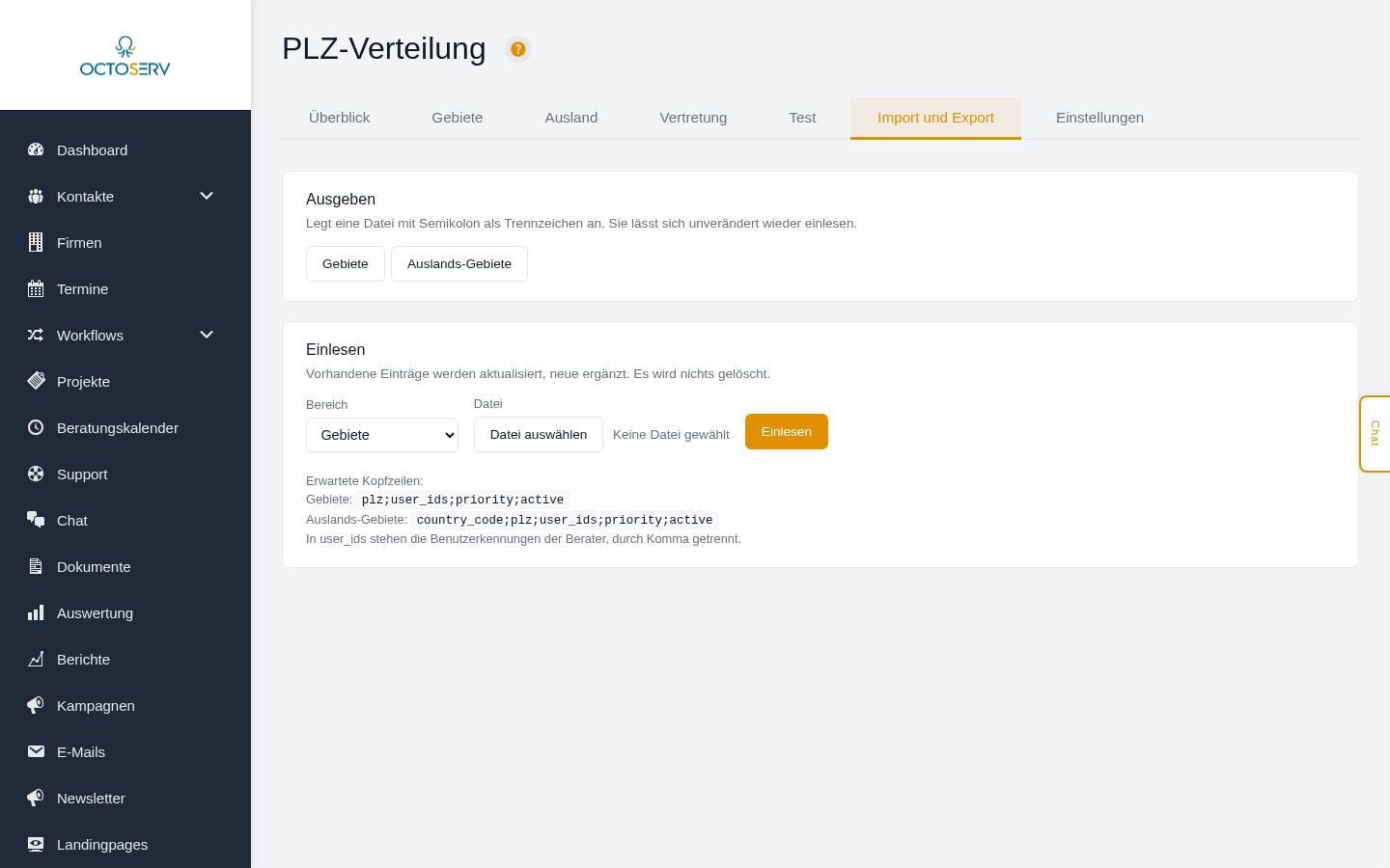 Reiter Import und Export mit Schaltfl&auml;chen und Dateiauswahl