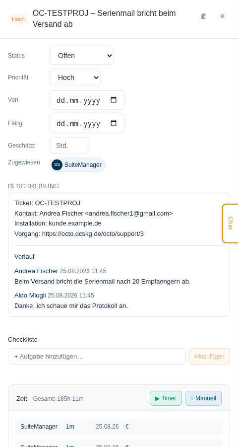 Aufgabendetail mit Herkunftsangaben, Supportstufe und Gespr&auml;chsverlauf in der Beschreibung