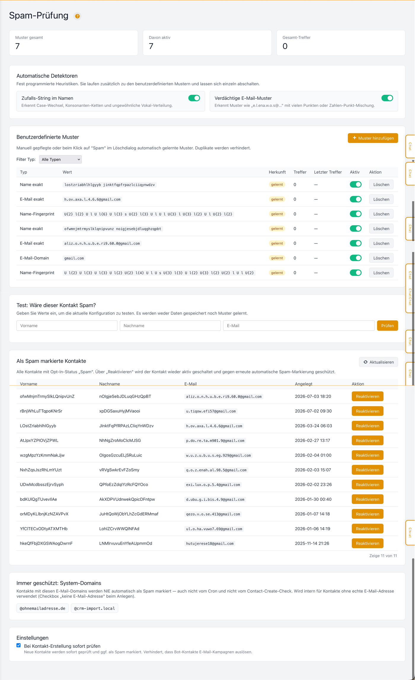 Spam-Pr&uuml;fung: Statistiken, automatische Detektoren, benutzerdefinierte Muster, Testbereich, als Spam markierte Kontakte, System-Domains und Einstellungen